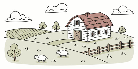 Naklejka premium a white house with a brown roof and sheep in a field Vector