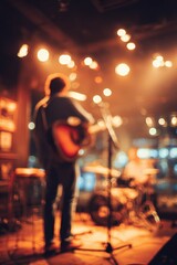 Balanced Live Venue Composition with Acoustic Guitarist Centered and Singer Behind in Soft Blur