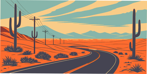 a desert road with cacti and mountains in the background Vector © zalal