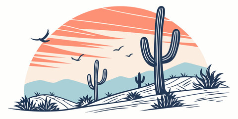 a desert landscape with cacti at sunset Vector © zalal