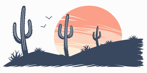 a desert landscape with cacti at sunset Vector © zalal