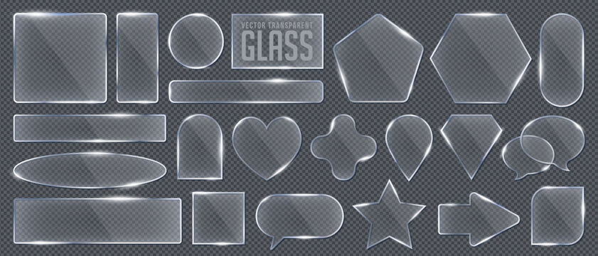 Transparent 3d glass shape, icon and mobile screen for web, app and smartphone interface. Crystal mirror or plastic heart, star, speech bubble and arrow with holographic texture. Futuristic background