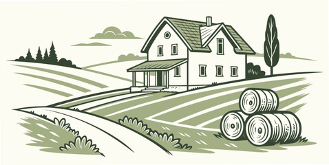 a large house with a green roof and a tractor in a field Vector © zalal
