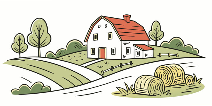 a white house with a red roof and a tractor in the yard Vector