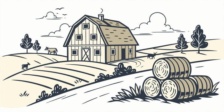 a large barn with a haystack in a rural field Vector