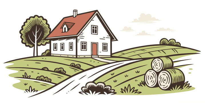 a white house with a red roof on a green hill Vector