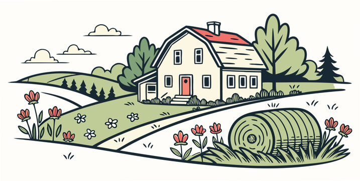 a house with a red roof and a garden Vector