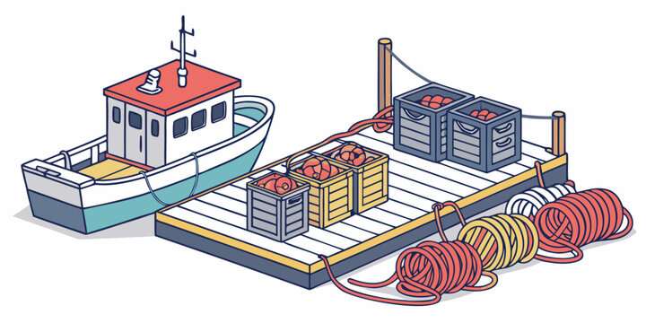 a boat with a red roof and a large fishing net on the deck Vector