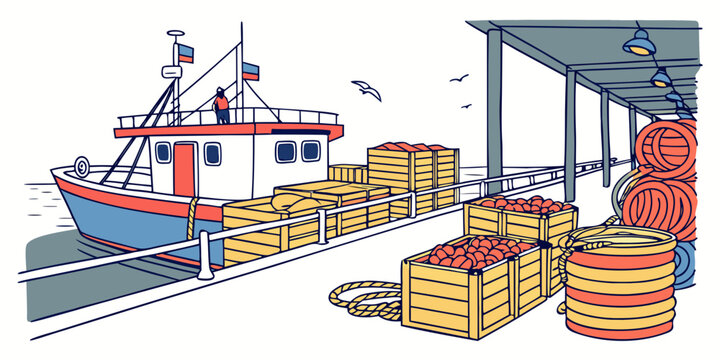 a boat is docked next to a pile of lobster traps Vector