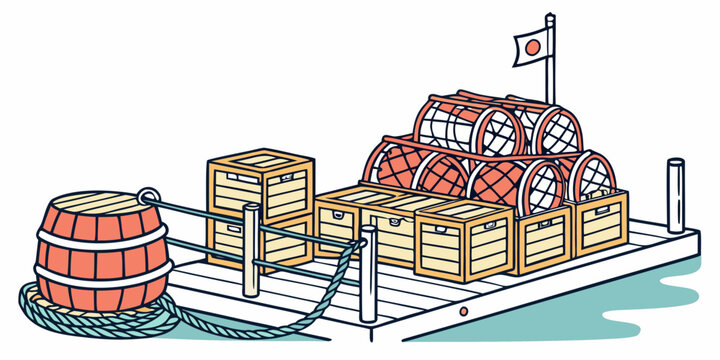 a pile of cargo on a dock with barrels and crates Vector