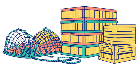 a stack of colorful wooden pallets and two wire mesh domes Vector © zalal