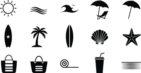 Black silhouette icons of beach and summer objects isolated on transparent background © mdkamran