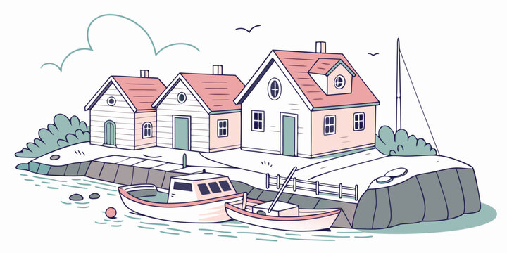 a small village by the sea with houses and a boat Vector