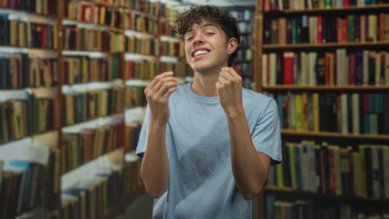 Boy in blue shirt pinches fingers with hands, grinning and making a money gesture surrounded by tall bookshelves in a building library aisle  playful joy. © Krakenimages.com