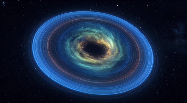 Bright blue ring encircles a multicolored swirling galaxy-like void amidst distant stars