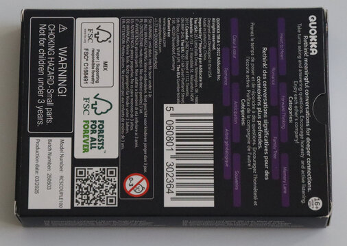 Black packaging box with warning labels barcode qr code and fsc certification symbols