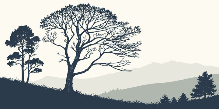 a serene landscape with trees on a hillside Vector