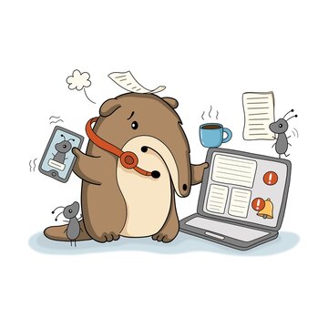 Cute cartoon anteater overwhelmed by work tasks and notifications. The character holds a phone while emails and alerts appear on a laptop. Ants symbolize small tasks and distractions in busy work life