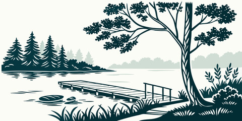 a tree stands by a lake with a wooden fence Vector © zalal