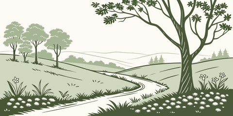 a tree stands beside a winding stream in a serene landscape Vector © zalal