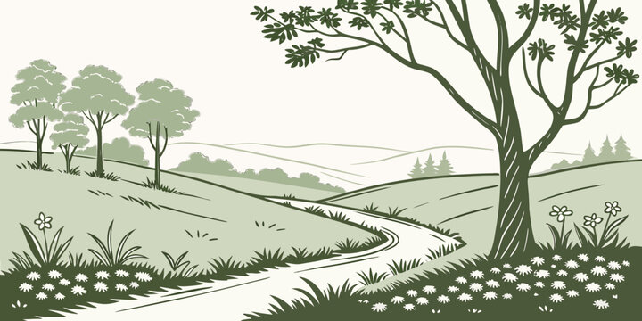 a tree stands beside a winding stream in a serene landscape Vector