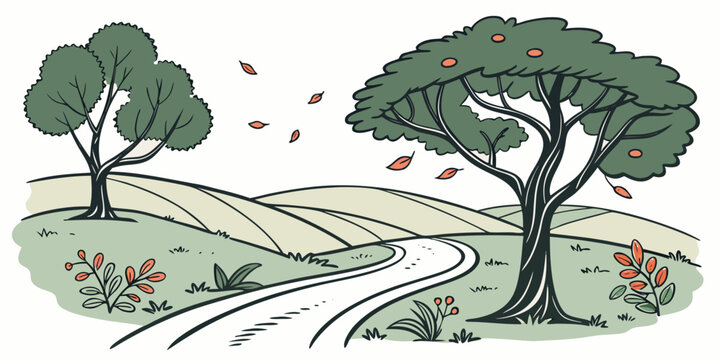 a cartoon drawing of a road between two trees Vector