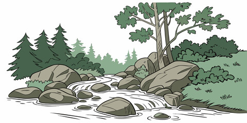 a stream runs through a rocky landscape with trees Vector © zalal