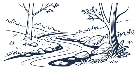 a stream runs through a rocky landscape with trees Vector © zalal