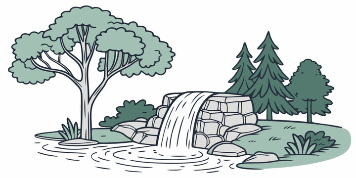 a small stone dam with water flowing over it Vector