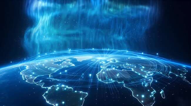 Vibrant blue Earth with glowing continents, global network data flow, aurora effect