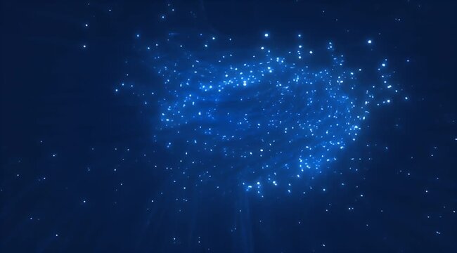 Numerous bright blue lights and faint streaks glow against a deep dark blue background