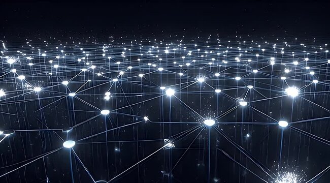 Bright nodes intricately linked by glowing lines, forming an abstract, vast digital network, spanning far