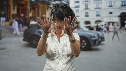Fototapeta premium Woman making clawing hand gesture and reaching forward on a city street by a parked car and building; playful mischief.