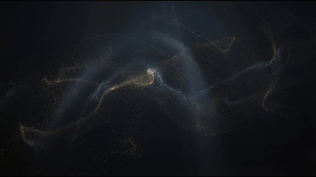 Gold particle background with flowing ribbon like golden and bluish dust waves drifting calmly through dark cinematic space creating elegant depth and gentle parallax motion
