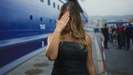 Fototapeta premium Middle age hispanic woman with glasses covers eye with hand beside cruise ship at port in strapless dress; quiet contemplation.