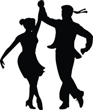 Energetic latin dance couple silhouette performing stylish ballroom partner spin, elegant movement isolated vector illustration