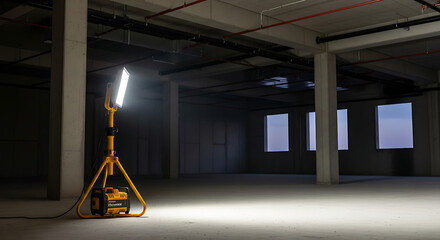 Naklejka premium Bright portable work light illuminates a construction site interior.