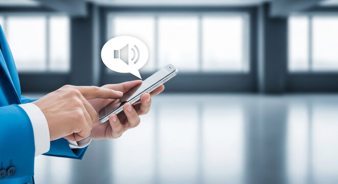 A person in a blue suit holding a smartphone with a speaker icon