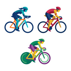 Fototapeta premium An energetic illustration featuring three cyclists in motion, showcasing a sense of speed and competition, perfect for sports and outdoor activity enthusiasts.