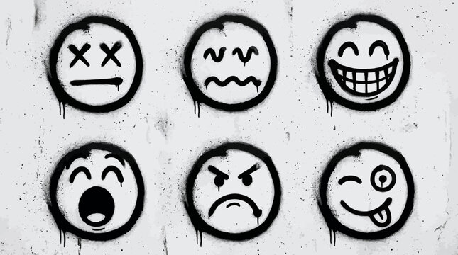 Set of black spray painted graffiti emoji faces with different expressions on textured wall background, concept for street art decoration, urban social media content and emotional messaging