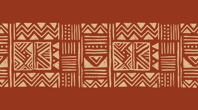 Seamless African mudcloth pattern border with traditional geometric ethnic motifs on terracotta background, concept for textile design, home decor wallpaper and bohemian fashion branding
