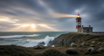 Obraz premium A red and white lighthouse on a rocky coastline with waves crashing