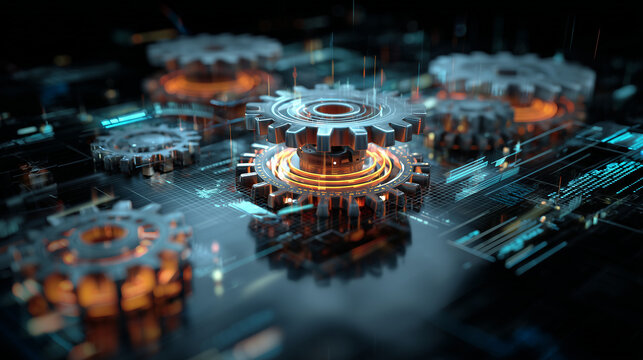Enterprise system integration visualization with holographic gears and workflow diagrams, corporate technology environment
