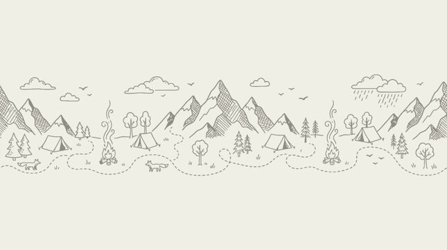 Seamless panoramic handdrawn doodle landscape featuring mountains, tents, campfires and foxes, concept for outdoor adventure web design, travel brochure and children activity pattern