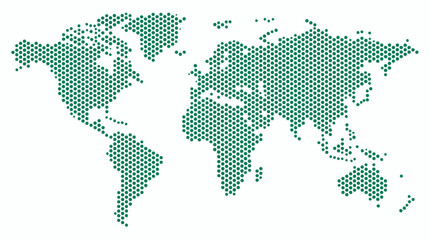 Fototapeta premium World map made of small green circular dots arranged in a hexagonal pattern isolated on white background, concept for global logistics, international business and environmental sustainability