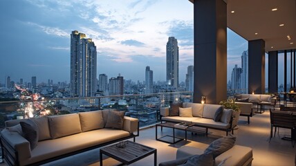 Fototapeta premium Luxury Outdoor Lounge Area at Dusk with City Skyline View, Modern Architecture and Comfortable Seating