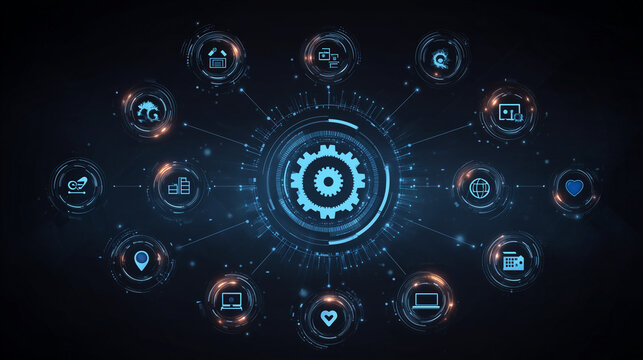 Digital business ecosystem with connected gear icons representing company departments, futuristic UI design