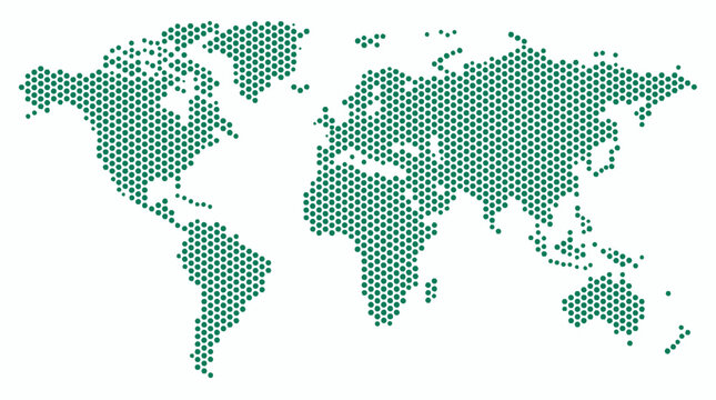 World map made of small green circular dots arranged in a hexagonal pattern isolated on white background, concept for global logistics, international business and environmental sustainability