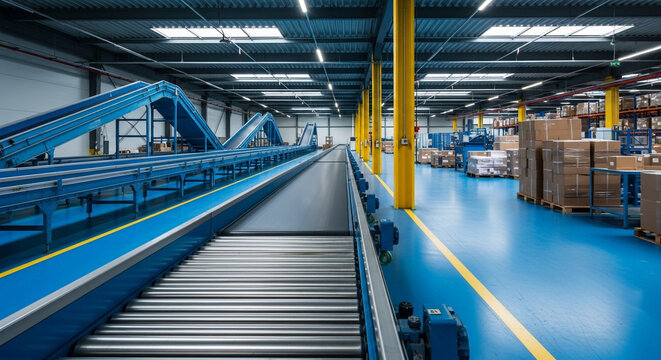 A large warehouse with a conveyor belt and boxes