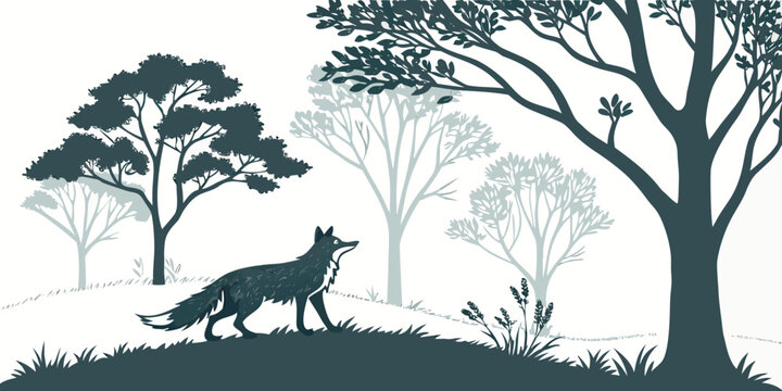 a wolf standing on a hill looking at trees Vector